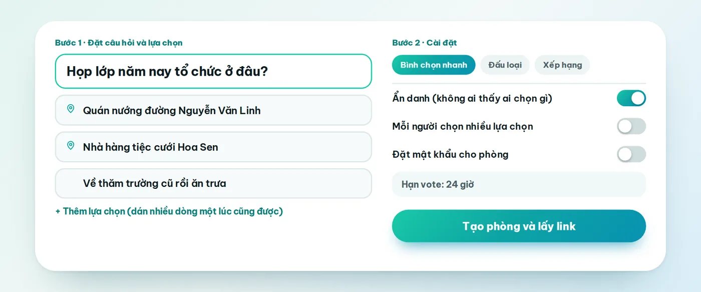 Màn hình tạo phòng thăm dò trên Vote Đi gồm câu hỏi, các lựa chọn có địa điểm, kiểu vote và các cài đặt ẩn danh, hạn vote