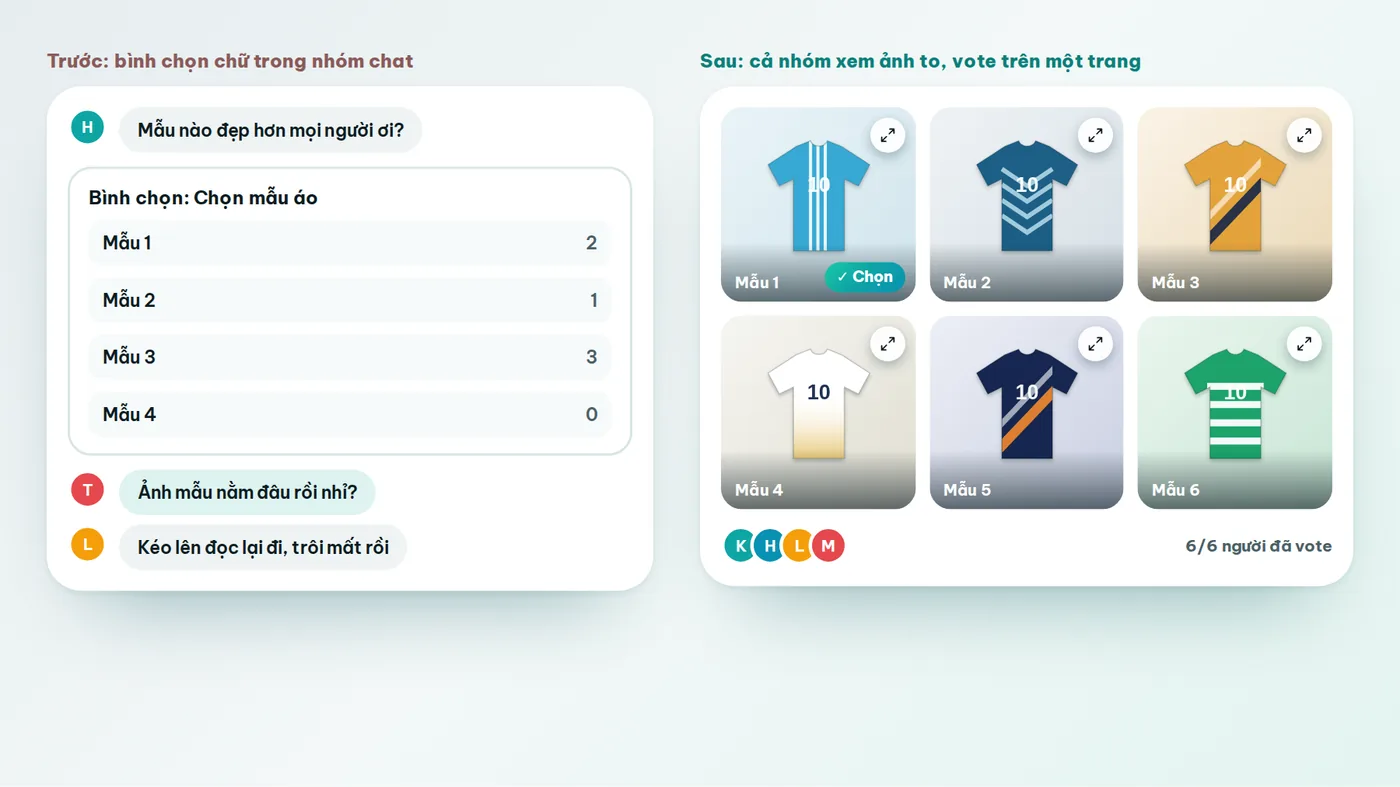 So sánh bình chọn chữ trong nhóm chat với trang vote có ảnh mẫu áo to, xem được cùng một chỗ